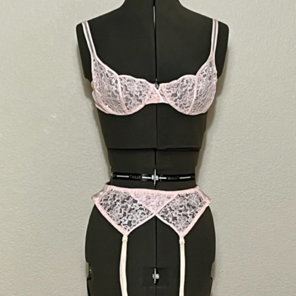 Vintage CHRISTIAN DIOR INTIMATES Pink Lace Bra And Garter Belt Set